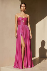 Metallic Pleated Gown With Cutout in Fuchsia
