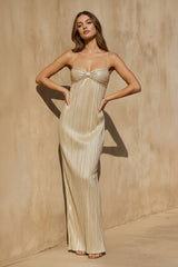 Metallic Pleated Maxi Dress in Champagne