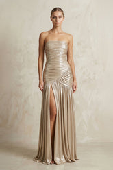 Metallic Pleated Maxi Dress With Slit in Champagne