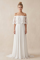 Off-the-Shoulder A-Line Chiffon Pleated Wedding Dress in White
