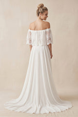Off-the-Shoulder A-Line Chiffon Pleated Wedding Dress in White