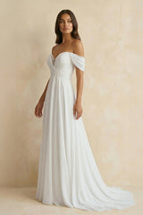 Off The Shoulder A Line Chiffon Wedding Dress in White