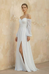 Off The Shoulder A Line Chiffon Wedding Dress With Slit