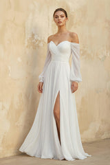 Off The Shoulder A Line Chiffon Wedding Dress With Slit