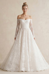 Off-the-Shoulder A-Line Lace Appliqued Wedding Dress in White