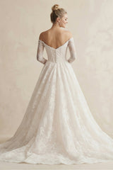 Off-the-Shoulder A-Line Lace Appliqued Wedding Dress in White