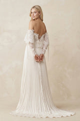 Off-the-Shoulder A-Line Pleated Appliqued Wedding Dress with Bow in Ivory
