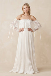 Off-the-Shoulder A-Line Pleated Appliqued Wedding Dress with Bow in Ivory