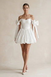 Off-the-Shoulder A-Line Ruffled Satin Pleated Mini Wedding Dress in White