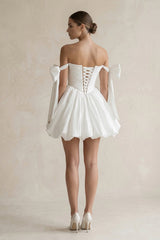 Off-the-Shoulder A-Line Ruffled Satin Pleated Mini Wedding Dress in White