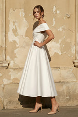 Off The Shoulder A Line Satin Pleated Wedding Dress