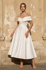 Off The Shoulder A Line Satin Pleated Wedding Dress