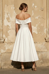Off The Shoulder A Line Satin Pleated Wedding Dress