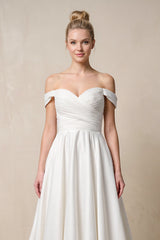 Off-the-Shoulder A-Line Satin Ruched Wedding Dress in White