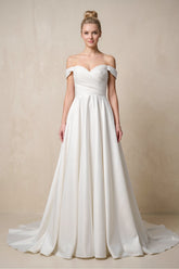 Off-the-Shoulder A-Line Satin Ruched Wedding Dress in White