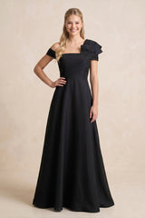 Off-the-Shoulder A-Line Satin Ruffled MaxiDress in Black
