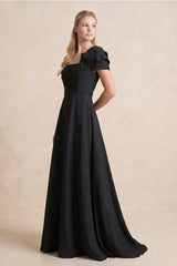 Off-the-Shoulder A-Line Satin Ruffled MaxiDress in Black