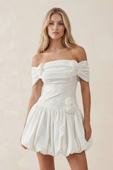 Off-the-Shoulder A-Line Satin Ruffled Mini Wedding Dress in White
