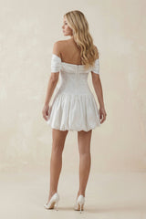 Off-the-Shoulder A-Line Satin Ruffled Mini Wedding Dress in White