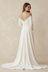 Off-the-Shoulder A-Line Satin Wedding Dress in White