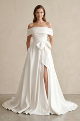 Off-the-Shoulder A-Line Satin Wedding Dress With Bow in White