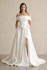 Off-the-Shoulder A-Line Satin Wedding Dress With Bow in White