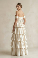Off-the-Shoulder A-Line Tiered Chiffon Wedding Dress in Ivory