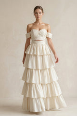 Off-the-Shoulder A-Line Tiered Chiffon Wedding Dress in Ivory
