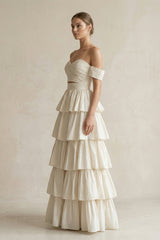 Off-the-Shoulder A-Line Tiered Chiffon Wedding Dress in Ivory