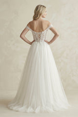 Off-the-Shoulder A-Line Tulle Appliqued Wedding Dress in White