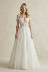 Off-the-Shoulder A-Line Tulle Appliqued Wedding Dress in White