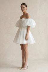 Off-the-Shoulder A-Line Tulle Mini Wedding Dress in White