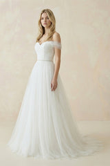 Off-the-Shoulder A-Line Tulle Pleated Wedding Dress in White