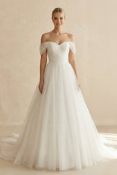 Off-the-Shoulder A-Line Tulle Wedding Dress in White