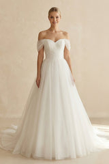 Off-the-Shoulder A-Line Tulle Wedding Dress in White