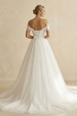 Off-the-Shoulder A-Line Tulle Wedding Dress in White