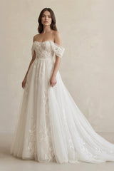 Off The Shoulder A Line Tulle Wedding Dress in Ivory