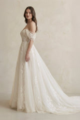Off The Shoulder A Line Tulle Wedding Dress in Ivory