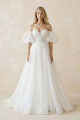 Off-the-Shoulder A-Line Tulle Wedding Dress With Puff Sleeves in White
