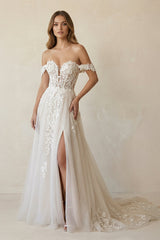 Off The Shoulder Appliqued Wedding Dress With Slit