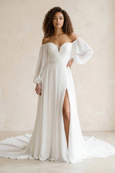 Off-the-Shoulder Chiffon A-Line Pleated Long Sleeve Wedding Dress in White