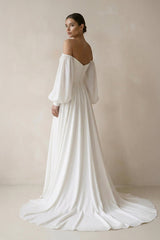 Off the Shoulder Chiffon Long-Sleeve Wedding Dress