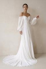 Off the Shoulder Chiffon Long-Sleeve Wedding Dress