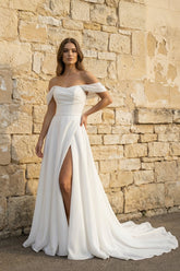 Off The Shoulder Chiffon Wedding Dress With Slit in White