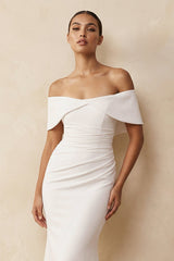 Off-the-Shoulder Crepe Mermaid Wedding Dress in White