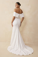 Off-the-Shoulder Crepe Mermaid Wedding Dress in White