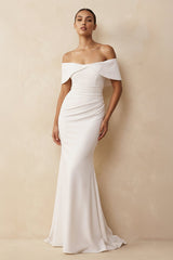 Off-the-Shoulder Crepe Mermaid Wedding Dress in White