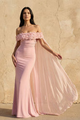 Off The Shoulder Floral Cape Gown in Pink