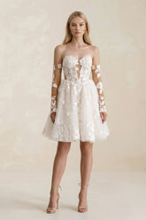 Off-the-Shoulder Flower Appliqued Tulle A-Line Mini Wedding Dress