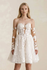 Off-the-Shoulder Flower Appliqued Tulle A-Line Mini Wedding Dress